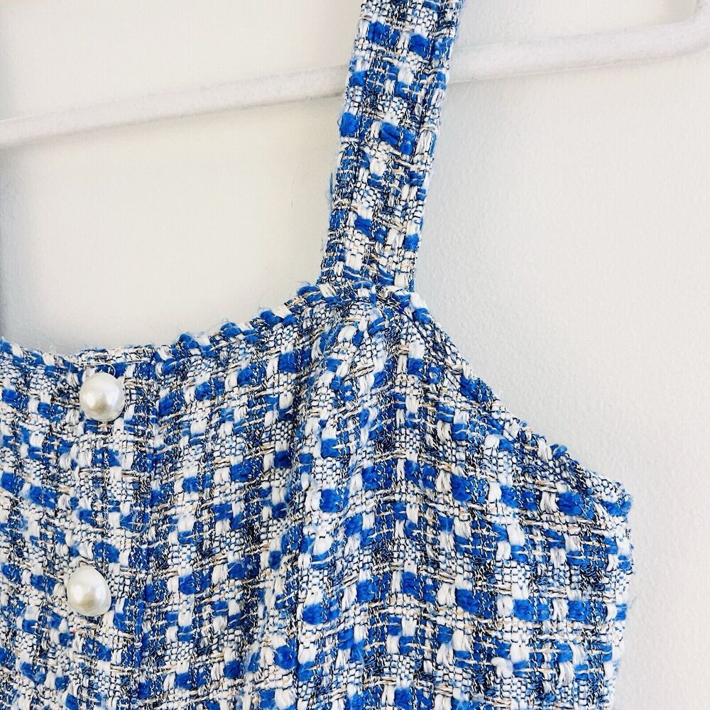 Jealous Tomato Blue & White Tweed Cropped Wide Leg Jumpsuit Sleeveless EUC Sz SM - Picture 11 of 16